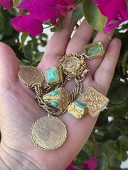 Vintage 50’s-60’s Chunky Charm Bracelet 8″ Medallions Geometric Gold Tone MCM