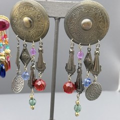 VTG 80s Post Earrings Dangle Metal Tassel Multi Color Acrylic Beads Blue Purple