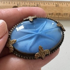 Vintage Germany Blue Marble Glass Cabochon Brass Brooch Pin Old