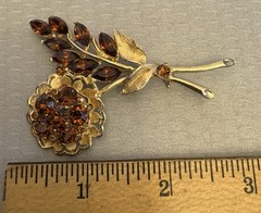 Vintage Signed Weiss Rhinestone Topaz Amber Rhinestone Flower Brooch Leaf Spray