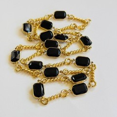VTG Regal gold link necklace black open bezel Chicklet statement runway 90s 30″