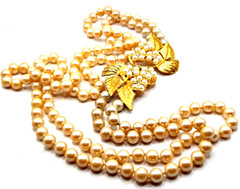 Vintage Celebrity NY 2 Strand Faux Pearl Necklace Floral Rhinestone, Pearl Clasp