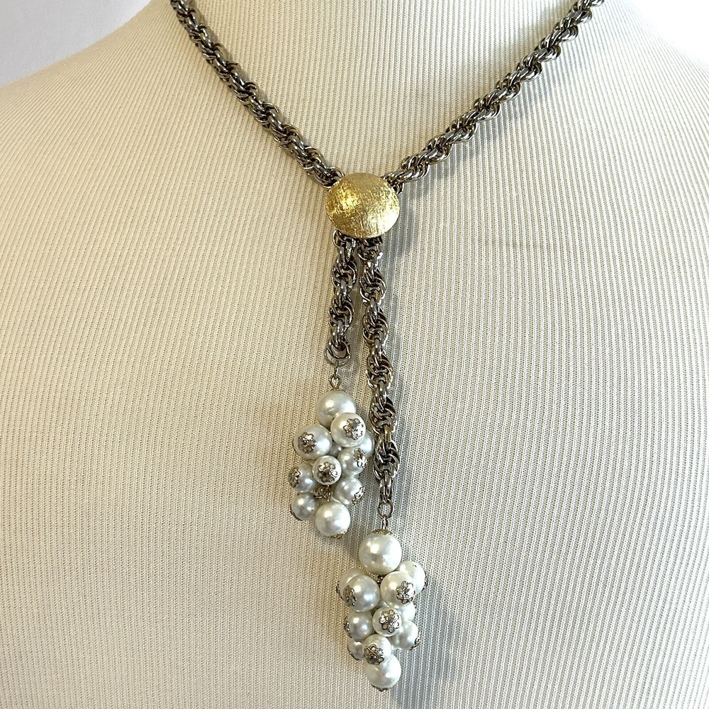 VTG Gold Tone Pearl Lariat Necklace Working Slide Y drop Dangle Cluster NICE