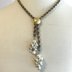 VTG Gold Tone Pearl Lariat Necklace Working Slide Y drop Dangle Cluster NICE