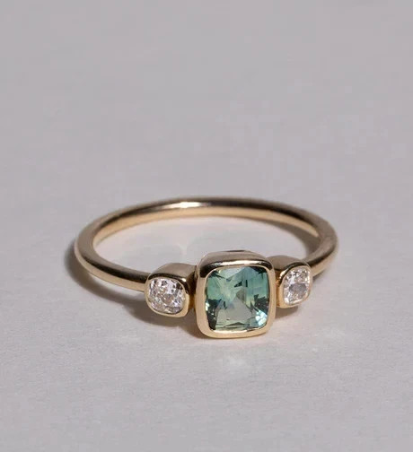 Three Stone 1.69CT Green & White Lab Created Diamond 14K Yellow Gold Finish Ring