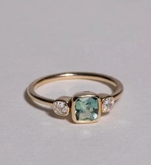 Three Stone 1.69CT Green & White Lab Created Diamond 14K Yellow Gold Finish Ring