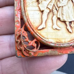 Vintage Colonial Courting Couple Brooch Red Enamel Metal Celluloid