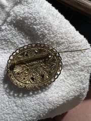 Vintage West Germany Filigree Gold Tone Pearl & Black Rhinestone Brooch Pin