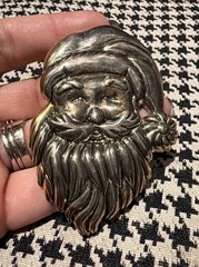 VTG Two Tone Metal Silvertone XL Santa Face Brooch & Pendant Signed Best 3 1/8”
