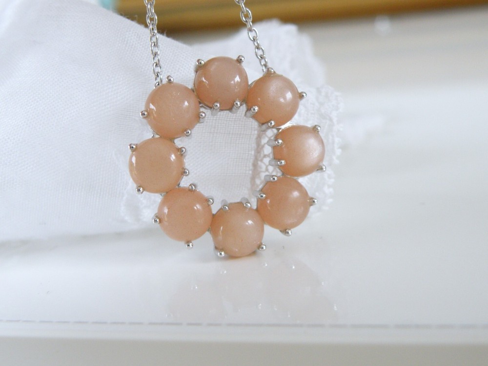 New Sterling Silver 925 Peach Moonstone Halo Round Pendant Necklace