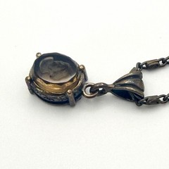 Extasia Signed EXT Vintage Style Bronze Fob Pendant Necklace Smoky Brown Glass