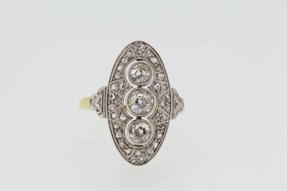Antique Old European Cut Three-Stone Art Deco Cocktail Estate Statement Ring