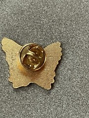 Vintage Red Yellow Blue Green Enamel Butterfly w White CROSS Goldtone Lapel Hat