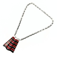 Lanvin Paris Designer Signed Red Black Enamel Stripes Silver Plated Necklace
