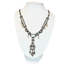 Vintage Moonstone Rhinestone Simulated Pearl Necklace Victorian Poured Glass