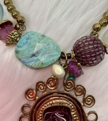 Vintage Statement Jewelry Set Gold Tone Purple Teal Beaded Necklace Earrings