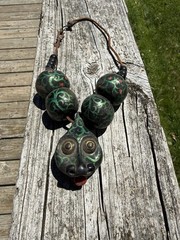 Vintage Folk Art Snake Necklace Hand Painted Beads Leather Cord Tribal Primitive