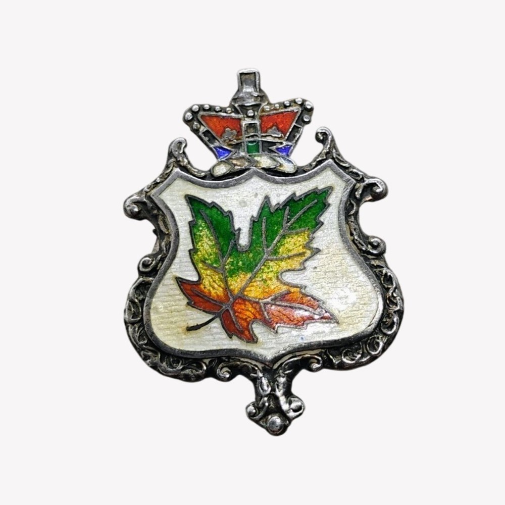 Vtg 1930s Sterling Silver Canadian Enamel Maple Leaf Pin w/Crown