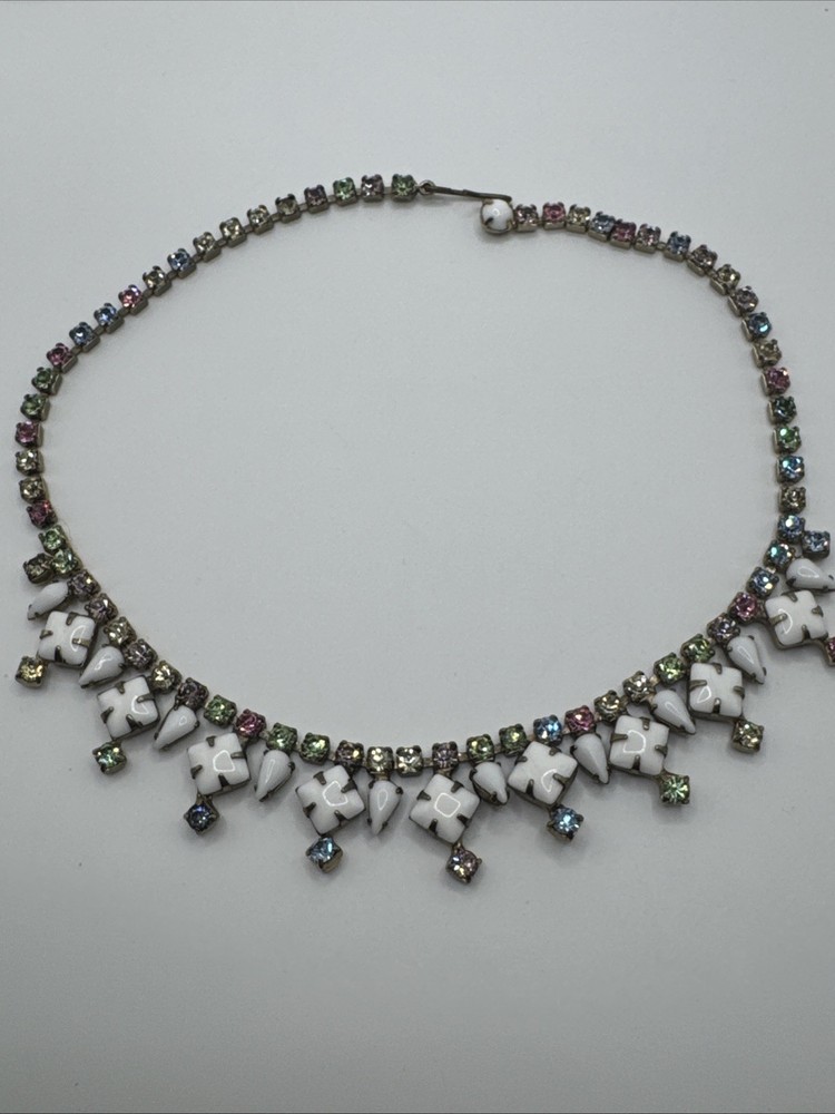 White Milk Glass Rhinestone Pastel Pink Green Blue Yellow Necklace