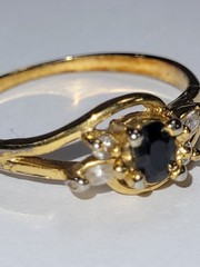 Vintage Genuine Sapphire & Simulated Diamond Trilogy Engagement Ring Size 7