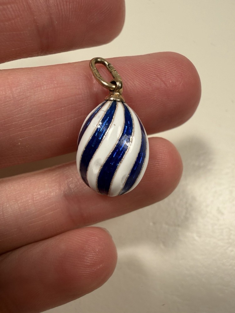 Russian 14k Gold & Silver Blue & White Enamel Cloisonne’ Egg Charm Pendant