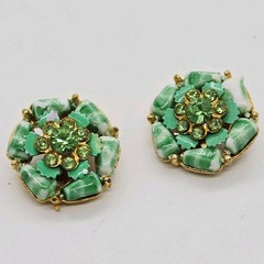 Selro Selini Green Clip On Earrings Rhinestone Flowers Gold tone Designer 1 in
