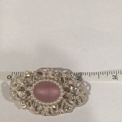 Vintage Ornate Frosted Yellow Gold Plated Pearl Pink Satin Glass Stone Brooch