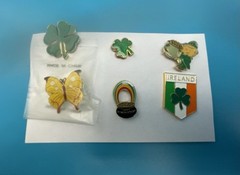 Vintage~Lapel Pin~Clutch Back~Set of 6~Clovers~Pot of Gold~Butterfly~Ireland~HTF