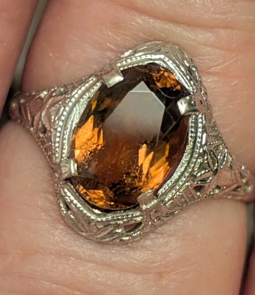 Art Deco 10k Filigree White Gold and tourmaline ring Size 5.5