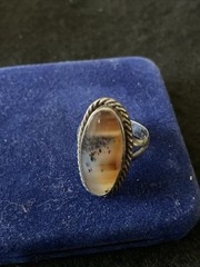 Native American Pawn Silver Montana Agate Ring size 8 1/2, 1 1/8” long, 7.2 g