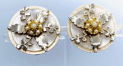 Unusual Layered Round Metal Faux Pearl Floral Art Deco Earrings