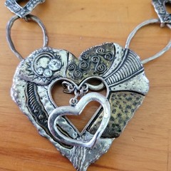 Vintage EFM Brutalist Heart Necklace Mixed Metal Chunky Bib 20in 51g