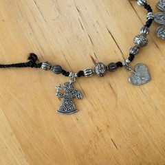 Vintage Signed MARCIE Beaded Pewter 3 Angels Cord Necklace Faith, Hope & Charity