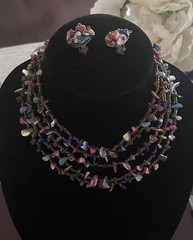Vintage Blue Pink Amber Beaded Shell Abalone Necklace Earring Set Signed Japan