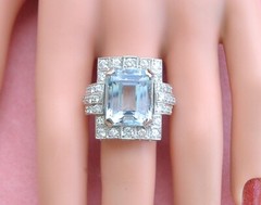 ESTATE ART DECO 10ct AQUAMARINE 1.35ctw DIAMOND PLATINUM STATEMENT COCKTAIL RING