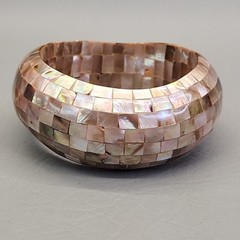 Vintage Mother of Pearl Bangle Bracelet Mosaic Wide Domed Peach Pink 8.25″
