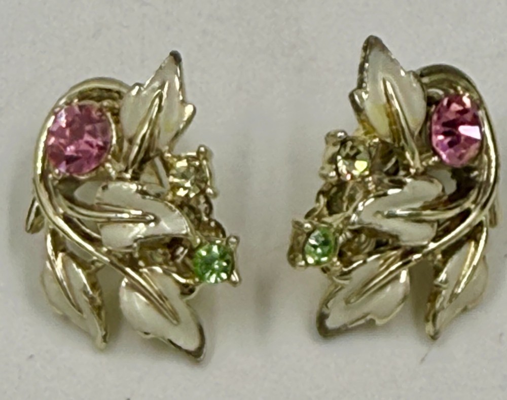 Pair CORO Clip Earrings – Pink and Green Rhinestone with White Enamel Leaves