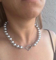 Minimalist Light Grey Glass Pearl Choker Stainless Toggle