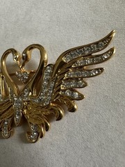 Vintage Nolan Miller Double Swan Brooch Pin Dangle Heart Pave Rhinestones signed