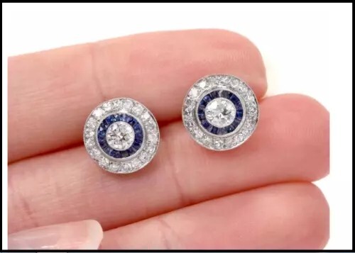 Vintage Halo Sapphire Art Deco Lab Created Diamond Gift 925 Silver Stud Earrings