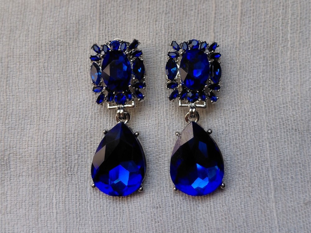 Vintage Style Cobalt Blue Teardrop Dangle Clip-On Earrings Statement Retro