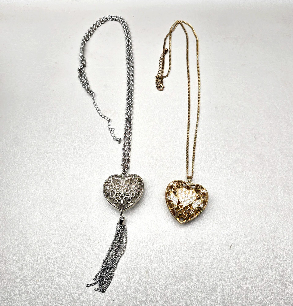 Vintage Heart Necklace Lot Filigree Rhinestone Statement Gold Silver Tone 1.5in