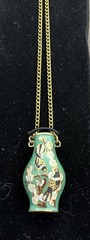 Vintage Cloisonné Enamel Vase Pendant Hand Painted Birdsoon 18″ Gold Color Chain