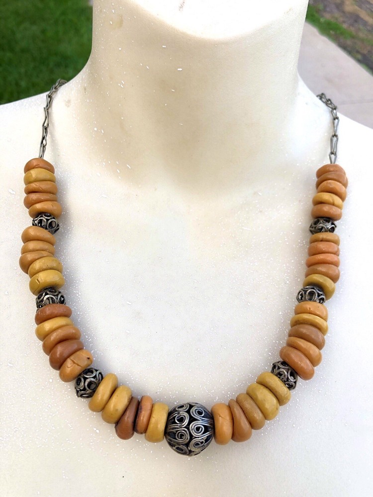 Antique Ethnic Butterscotch Egg Yolk Flat Nugget Scroll Bead Necklace Morocco