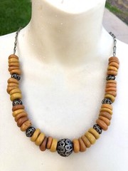 Antique Ethnic Butterscotch Egg Yolk Flat Nugget Scroll Bead Necklace Morocco