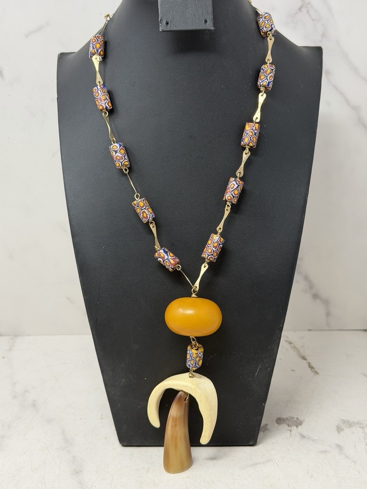 Vintage Bakelite Millefiori African Trade Bead Necklace Horn Bone Pendant