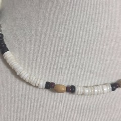 Puka Shell Necklace White Heishi Beads with Tan, Black & Burgundy Accent Beads