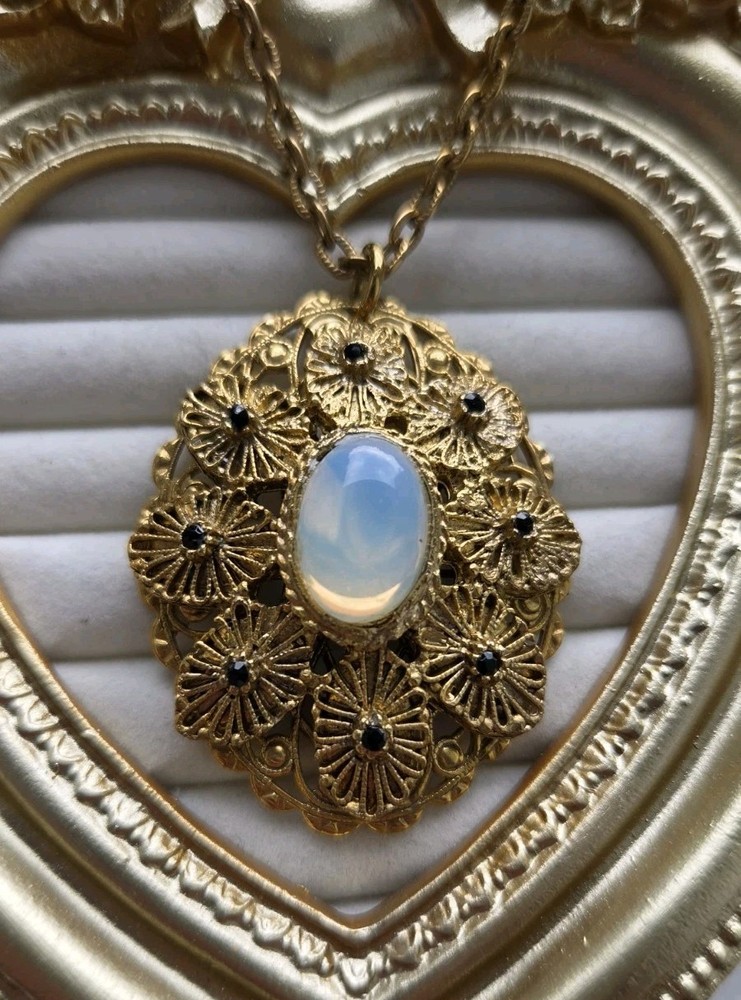 Vintage West Germany Unsigned Opal Opalite Filigree Pendant Necklace