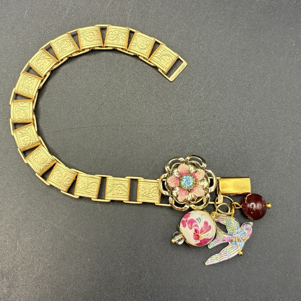 Vintage Japan Glass, Sakura Cherry Blossom, New Victorian Book Chain Bracelet