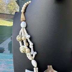 Vintage Artisan Pendant Necklace 24 Inch Carved MOP Shell Beaded Beachy Chunky